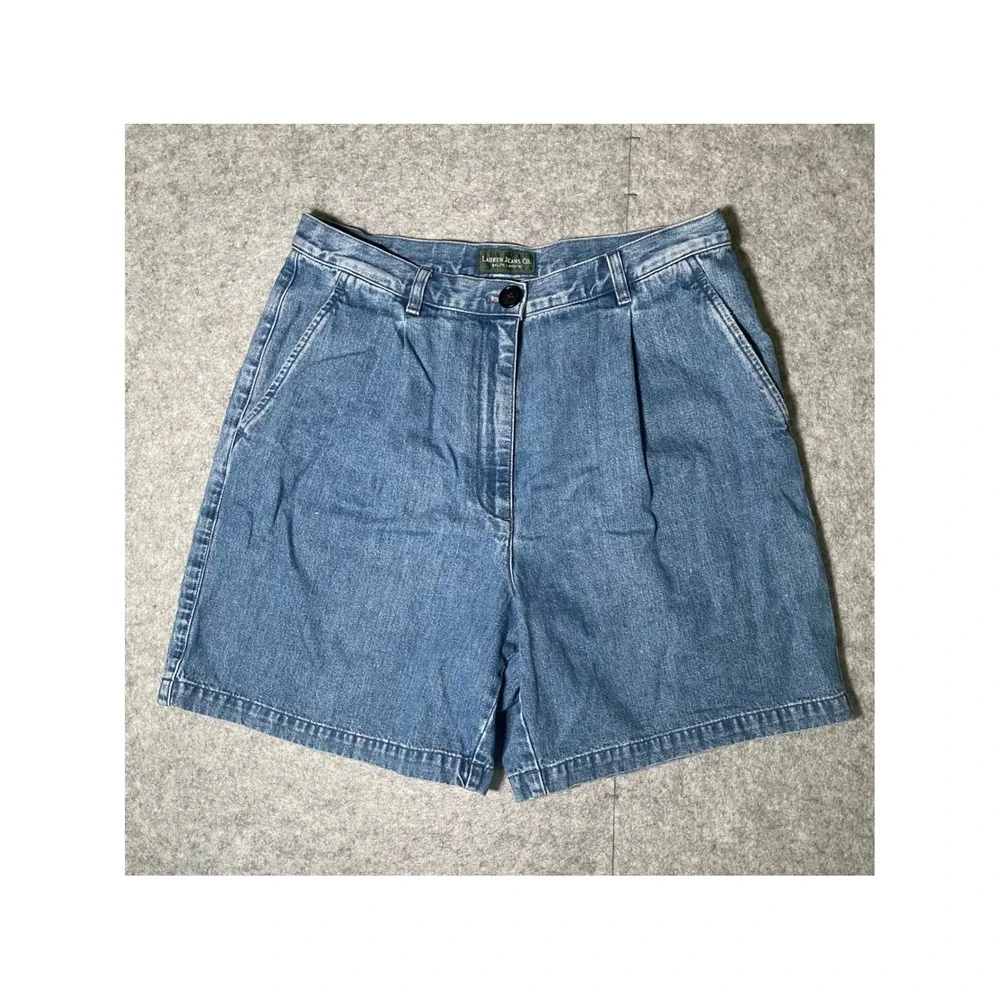 Lauren Ralph Lauren Womens 10 Pleated Denim Shorts High Rise Medium Wash Cotton